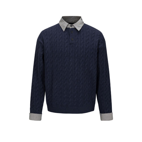 Herren Strukturierter Strickpullover mit integriertem Hemdkragen und Dreiknopf‑Leiste Echoarchiv