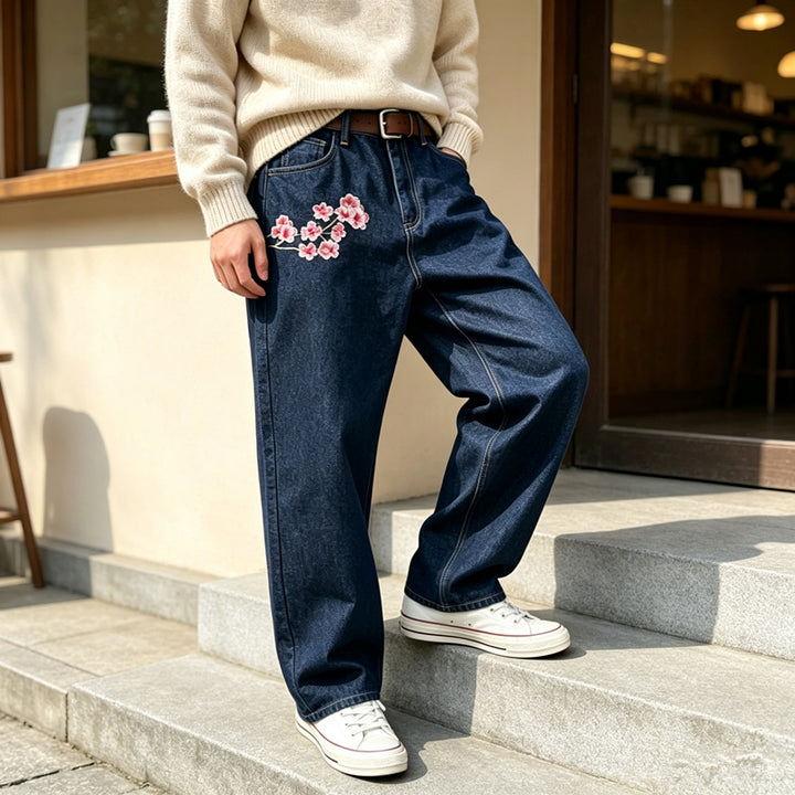 Herren Modische Weit geschnittene Denim-Hose mit Blumenstickerei Echoarchiv