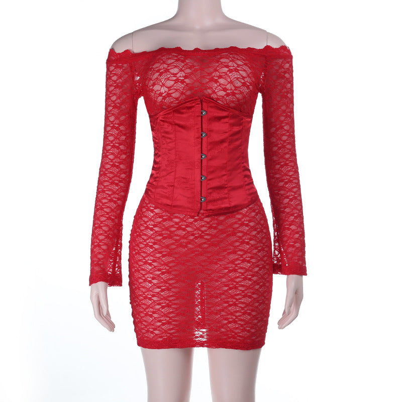 Damen figurbetontes Spitzenkleid mit schulterfreiem Design und raffinierten Details Echo Archiv