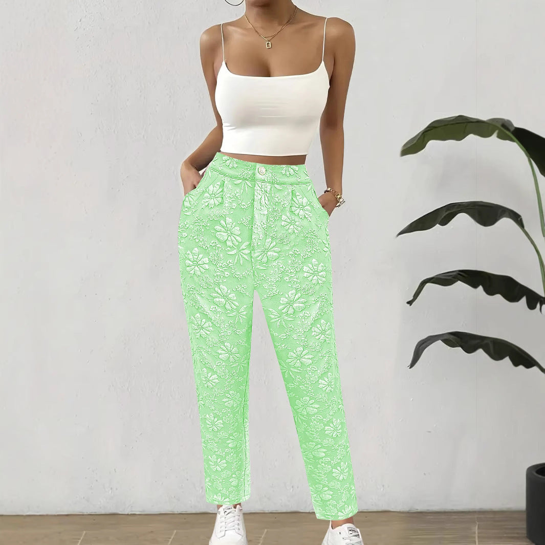 Damen Hochtaillierte Bundfalten‑Hose mit floralem Jacquard und geradem Bein – Avélisse