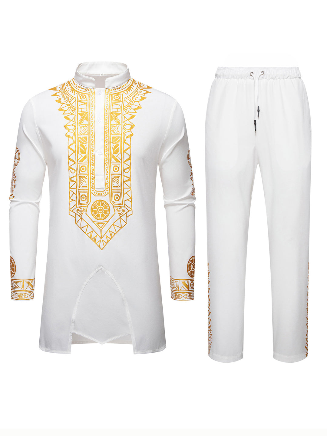 Herren Traditionelles Langarm-Kurta-Set mit Stehkragen, goldfarbenem Ornamentdruck und Tunnelzughose Echo Archiv