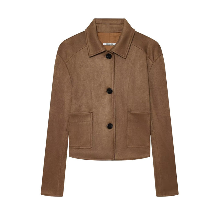 Damen Kurzjacke im Veloursleder-Look mit Hemdkragen und aufgesetzten Taschen Echo Archiv