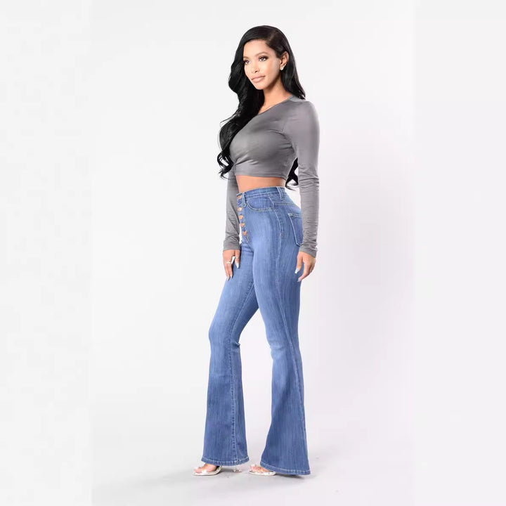 Damen nan Highwaist-Jeans mit ausgestelltem Schlag, taillierter Passform und dekorativer Knopfleiste Echo Archiv