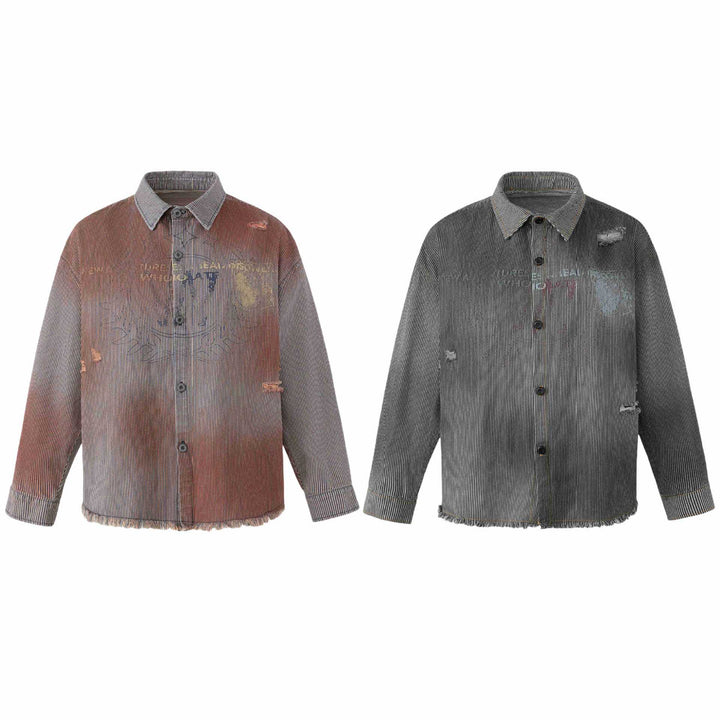 Damen Overshirt-Jacke aus gestreiftem Denim mit Fransen und Used-Details Echoarchiv