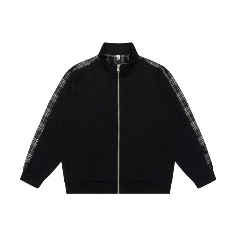Unisex Kurz geschnittene Zip-Jacke im Boxy-Style mit Karo-Ärmeltape und Stehkragen Echo Archiv