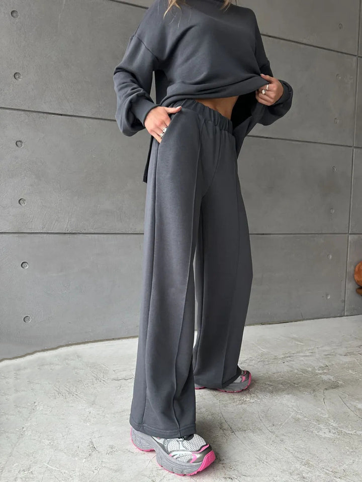 Damen eleganter Lounge-Zweiteiler mit Oversize-Sweatshirt und taillierter Weitbein-Hose – Avérine