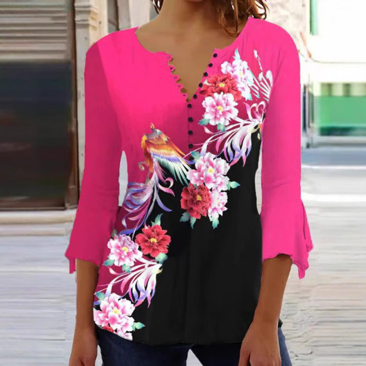 Damen nan V-Ausschnitt Tunika-Bluse mit floralem Vogelmuster, dreiviertel-Volantärmeln und figurumspielendem Saum Echo Archiv