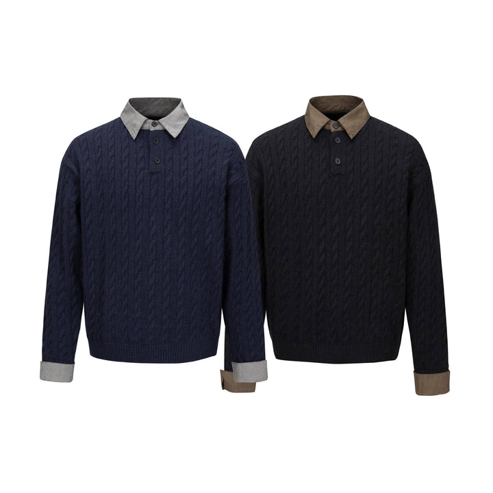 Herren Strukturierter Strickpullover mit integriertem Hemdkragen und Dreiknopf‑Leiste Echoarchiv