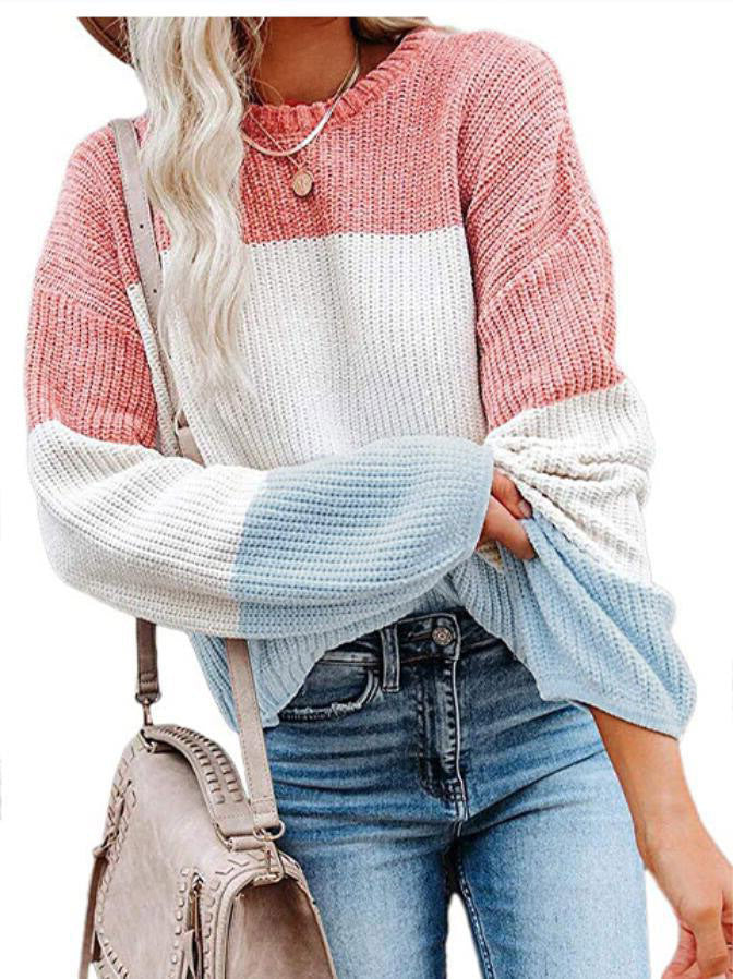 Damen Oversize Colorblock Strickpullover mit Ballonärmeln Echoarchiv