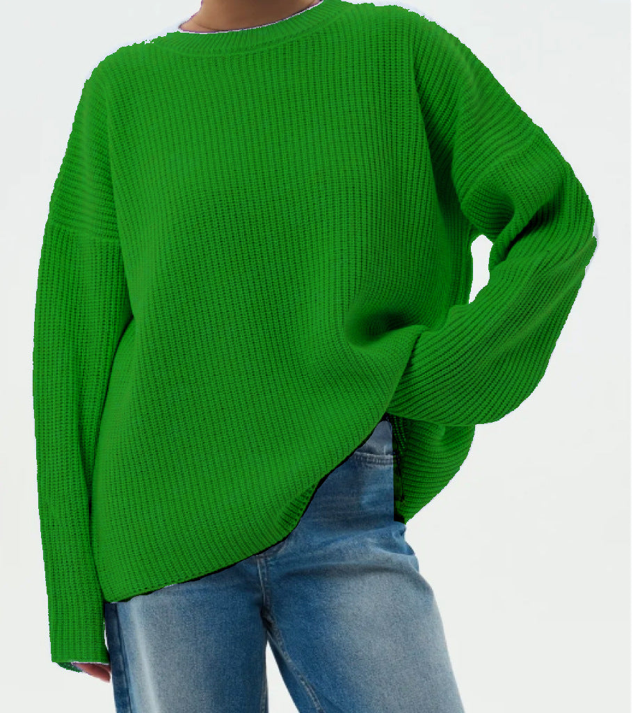 Damen Oversize Strukturstrick-Pullover mit Rundhalsausschnitt und überschnittener Schulter – Mavelle
