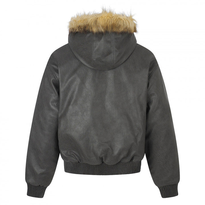 Damen Kapuzenjacke im Lederoptik mit Nietenbesatz, Kunstfellkragen und geripptem Saum Echo Archiv