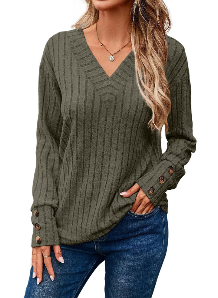 Damen Gerippter V-Ausschnitt Strickpullover mit Knopfmanschetten Echo Archiv