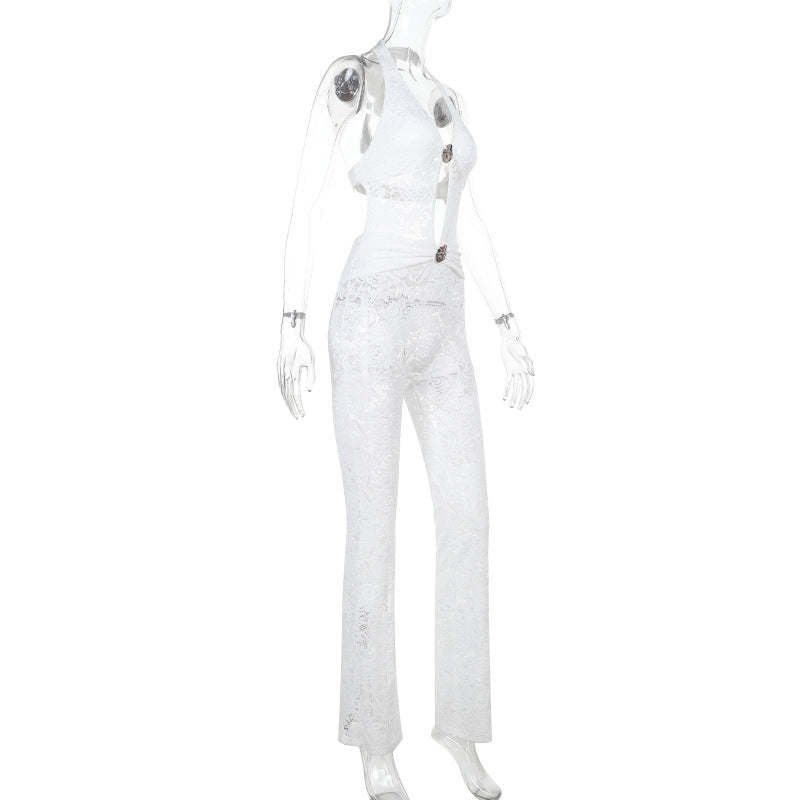 Damen Jumpsuit mit elegantem Spitzendetail und tiefem V-Ausschnitt Echo Archiv
