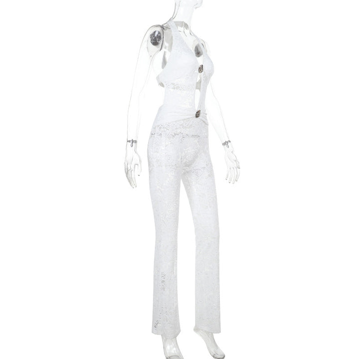 Damen Jumpsuit mit elegantem Spitzendetail und tiefem V-Ausschnitt Echo Archiv