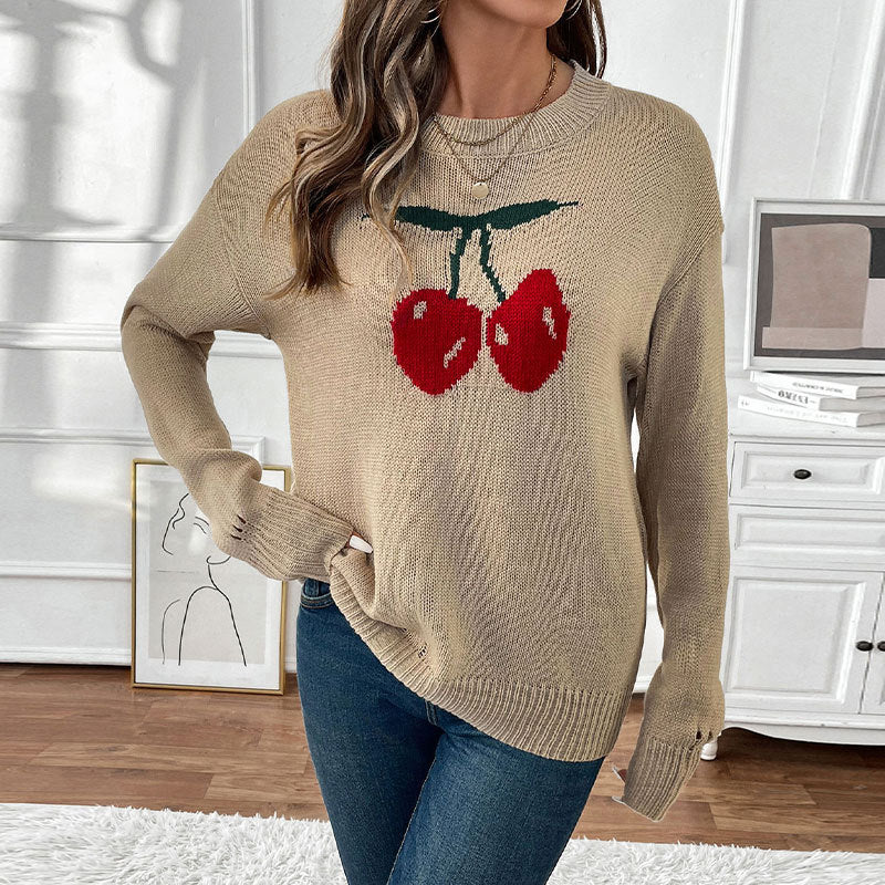 Damen Strickpullover mit Kirschen-Intarsie, Rundhalsausschnitt und legerem Oversize-Schnitt Echoarchiv