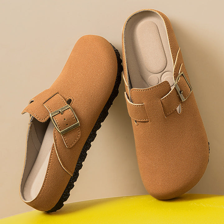 Damen nan gemütliche Nubuk-Slipper Clog mit verstellbarer Messingschnalle und ergonomischem Memory-Fußbett Echo Archiv