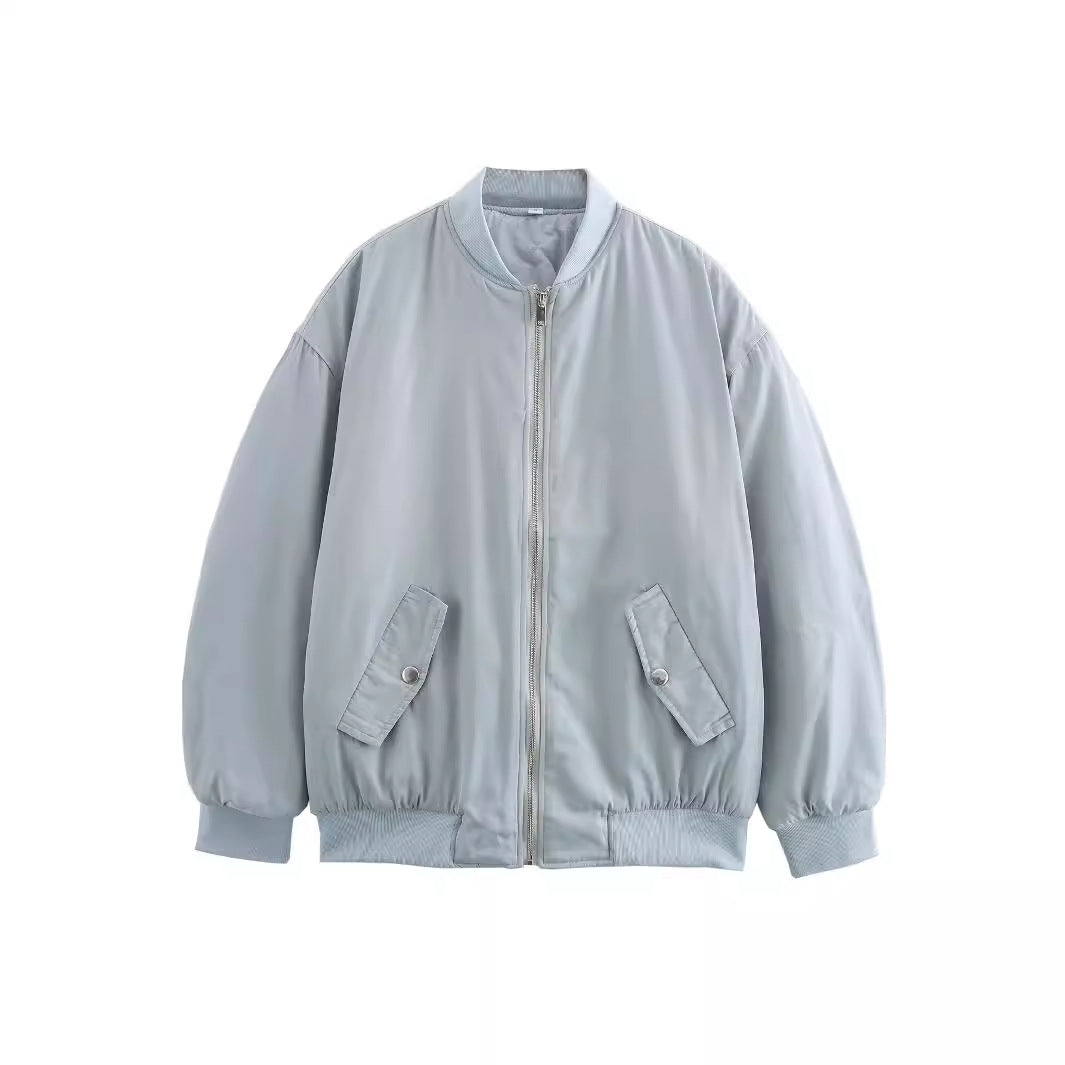 Damen oversized Bomberjacke mit Stehkragen, Reißverschluss und Druckknopf-Taschen – Avenza