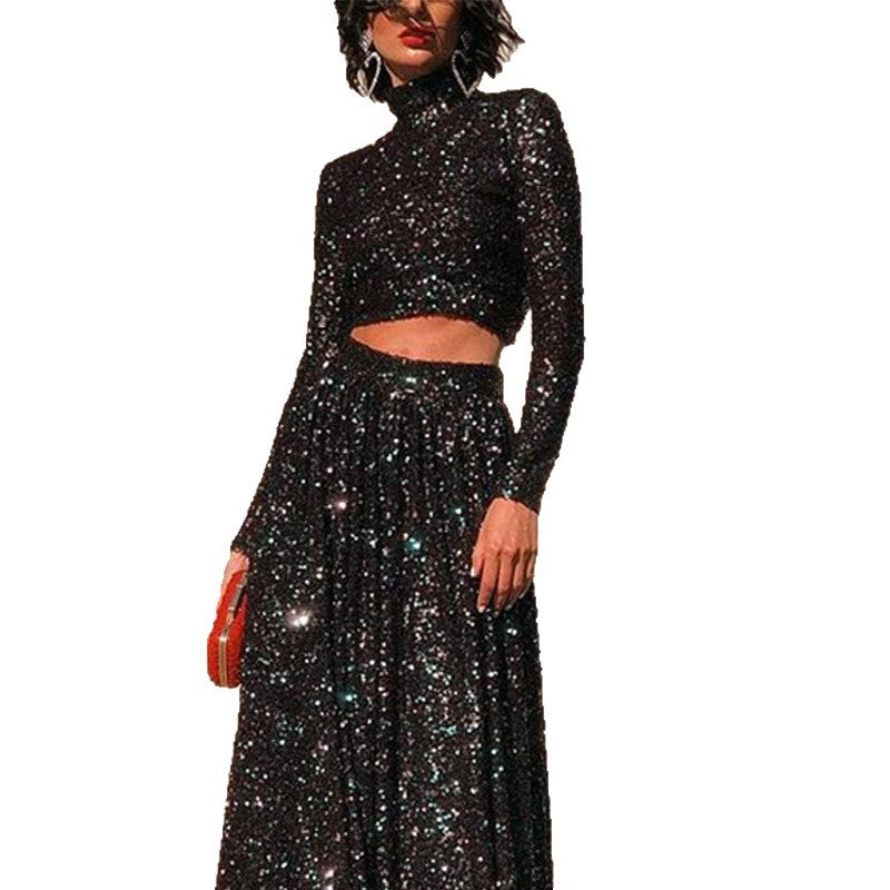 Damen nan zweiteiliges Pailletten-Abendset mit hochgeschlossenem Crop-Top und fließendem Maxirock Echo Archiv