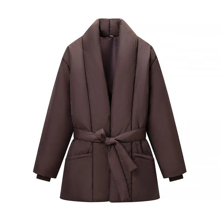 Damen wattierte Jacke mit Schalkragen, Bindegürtel und aufgesetzten Taschen – Célinea