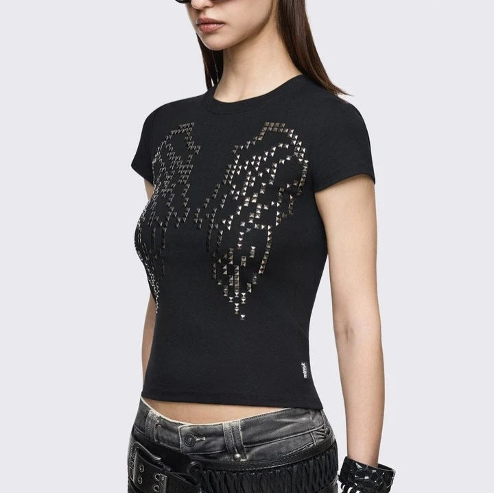 Damen Enganliegendes T-Shirt mit Metallic-Nieten Echo Archiv