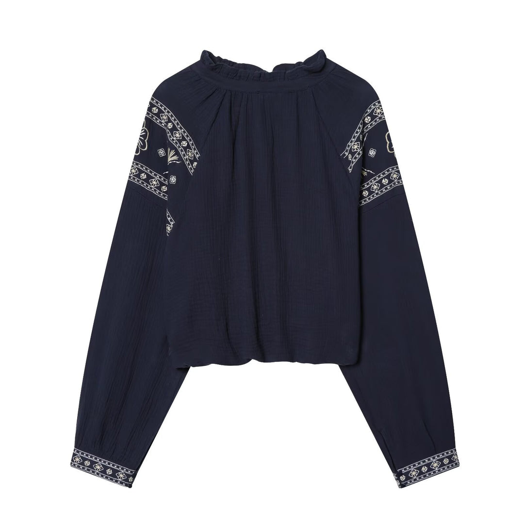 Damen nan bestickte Boho-Bluse mit gerafftem Stehkragen, Ballonärmeln und kurzem Saum Echo Archiv