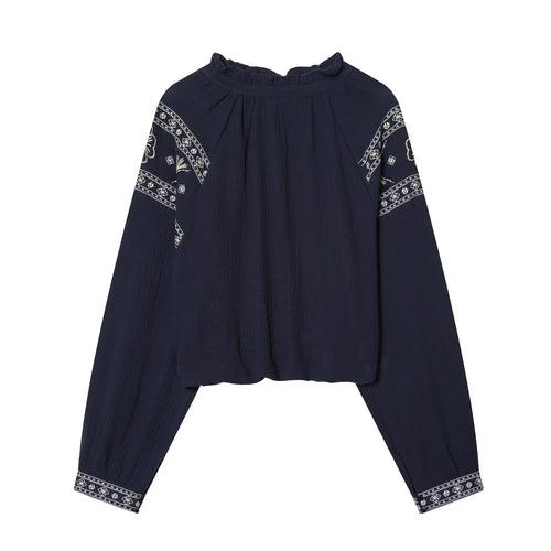 Damen nan bestickte Boho-Bluse mit gerafftem Stehkragen, Ballonärmeln und kurzem Saum Echo Archiv