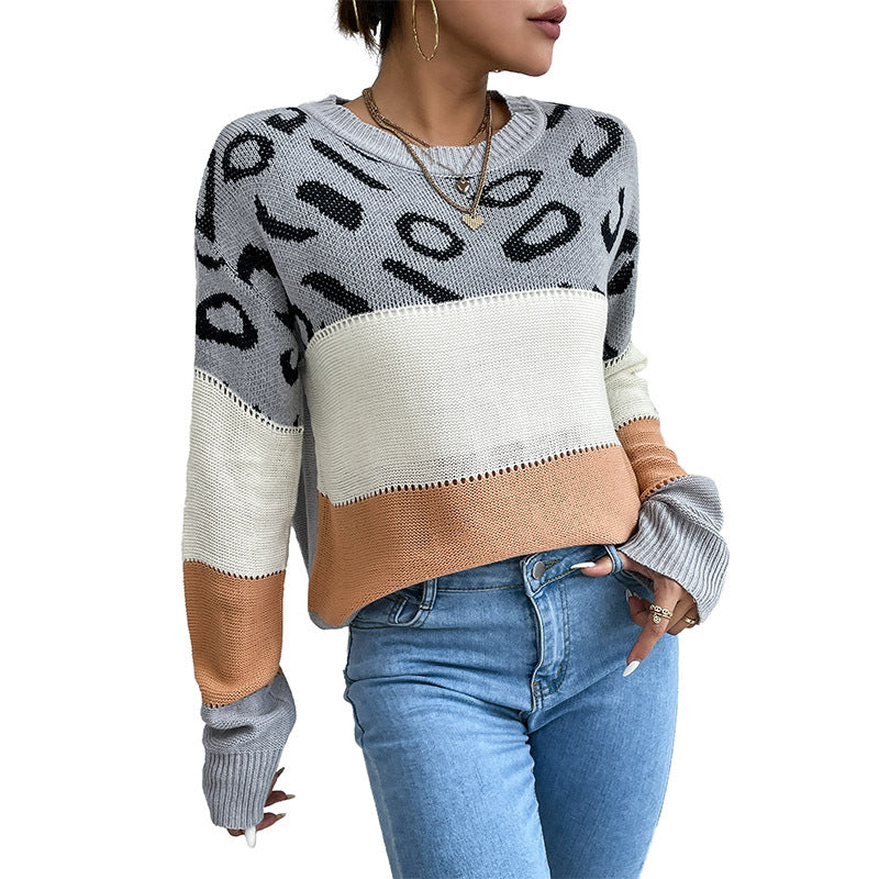 Damen Strickpullover mit Leopardenmuster und Blockstreifen Echoarchiv