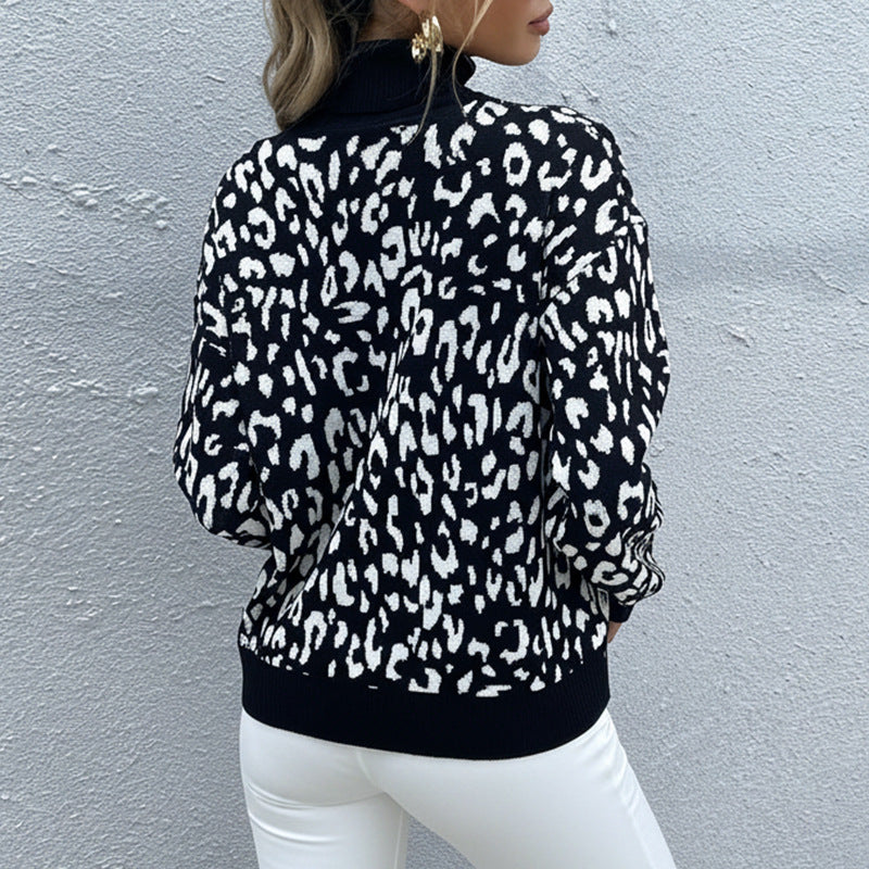 Damen Oversize Feinstrickpullover mit Leoparden-Jacquard und Stehkragen Echoarchiv
