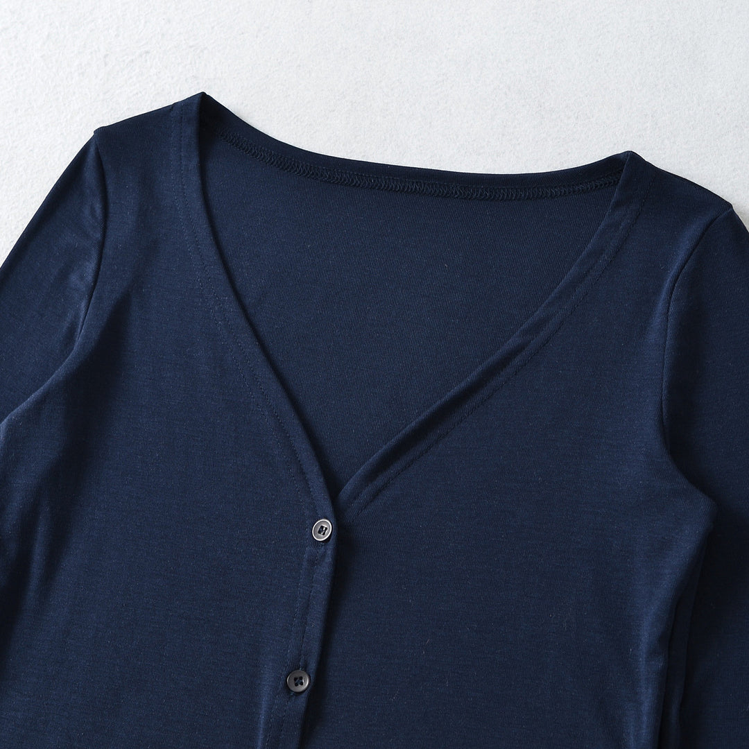 Damen Cropped Jersey-Cardigan mit tiefem V-Ausschnitt und schmaler Knopfleiste Echoarchiv
