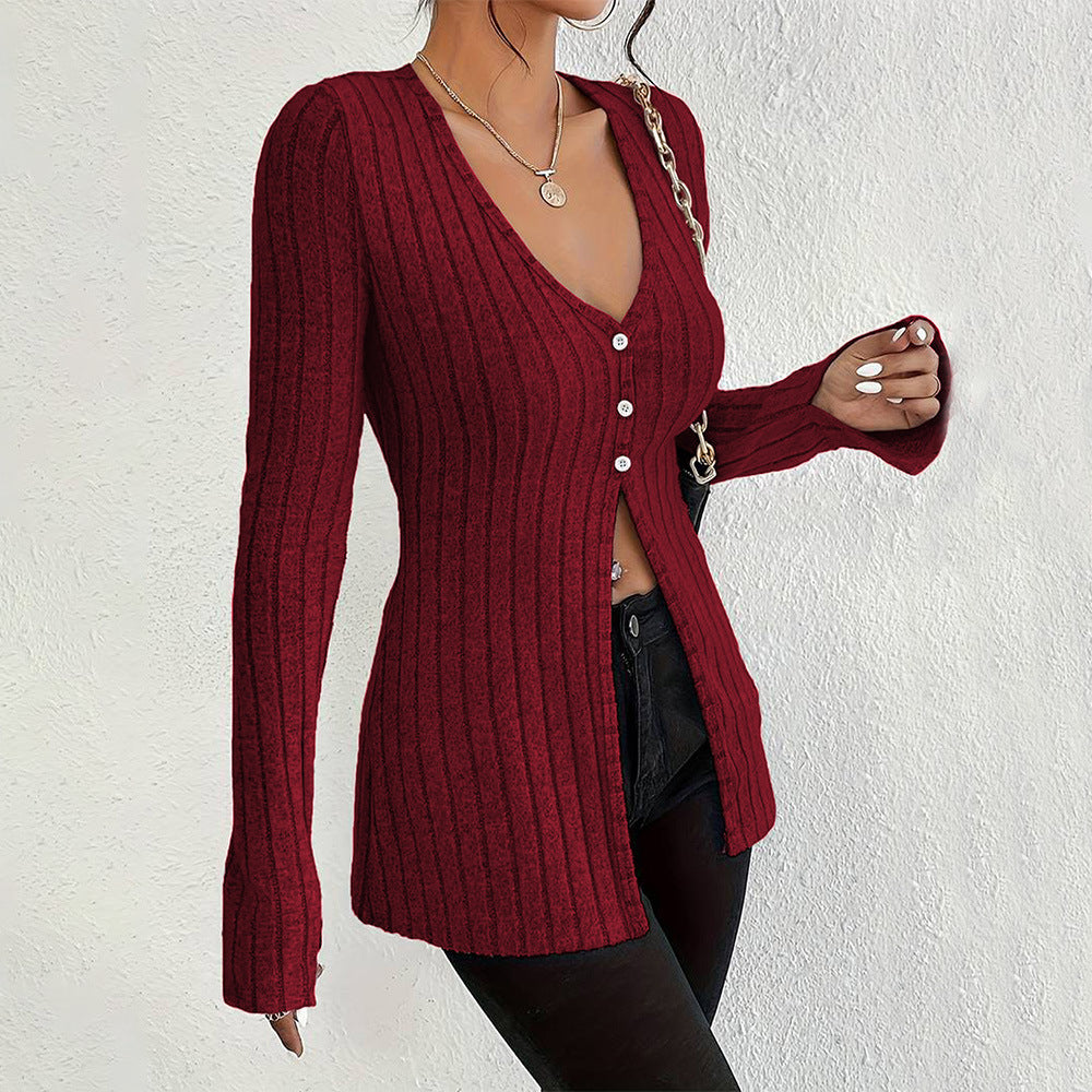 Damen gerippter V-Ausschnitt-Cardigan mit Knopfleiste taillierter Longline-Silhouette – Veloura