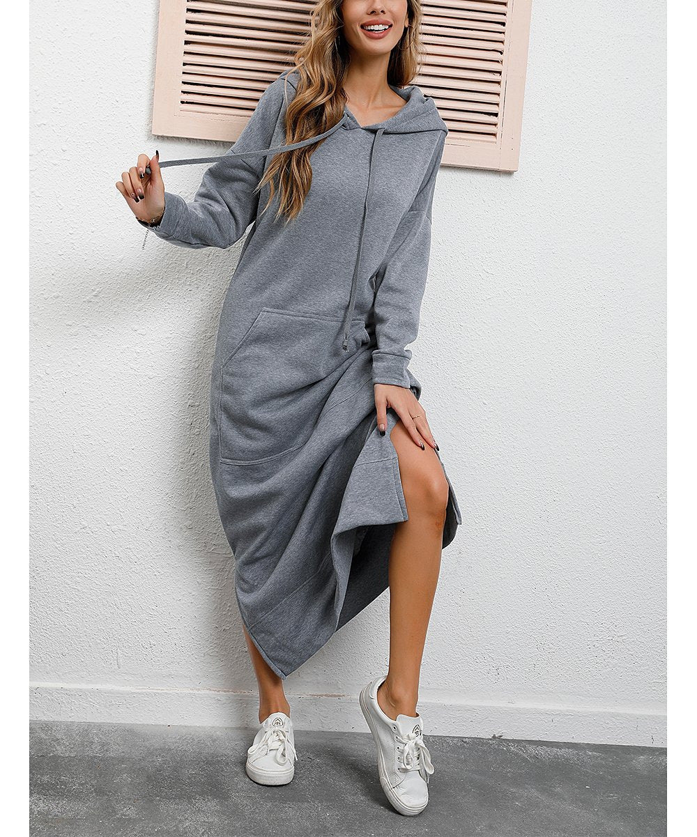 Damen nan langes Kapuzen-Sweatkleid mit Kängurutasche, Seitenschlitzen und lockerer Oversize-Passform Echo Archiv