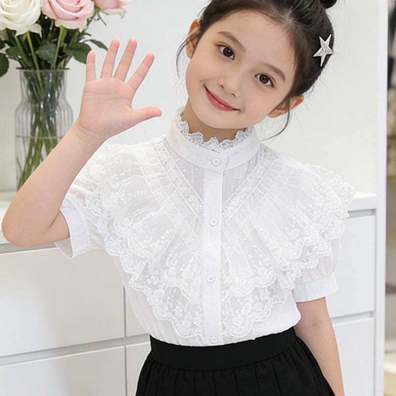 Mädchen elegante Rüschenbluse mit Spitzenbesatz Echo Archiv