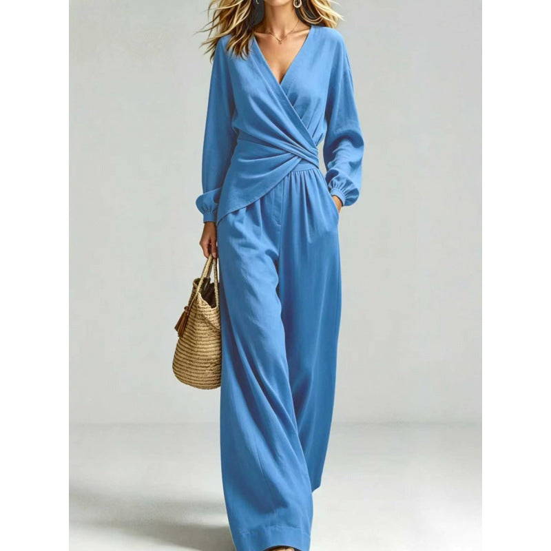 Damen Wickel-Jumpsuit mit weitem Bein und V-Ausschnitt Echoarchiv