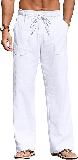 Herren nan leichte Leinenhose mit elastischem Bund, Kordelzug und aufgesetzten Taschen Echo Archiv