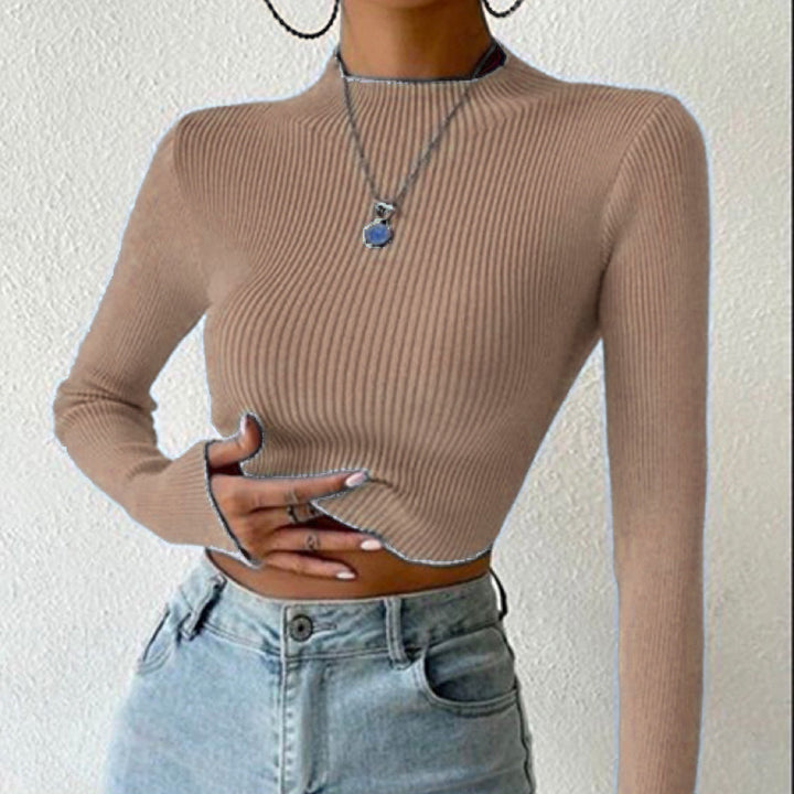 Damen Gerippter Cropped Feinstrickpullover mit Stehkragen – Mavelle