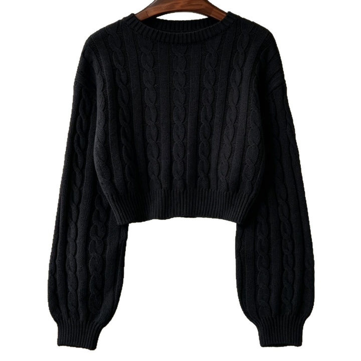 Damen Cropped Zopfmuster-Strickpullover mit kastiger Silhouette und Ballonärmeln – Mavelle