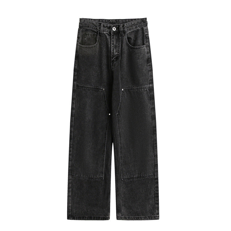 Damen Weite Utility-Denimhose mit Knie‑Patch, hohem Bund und geradem Bein Echo Archiv