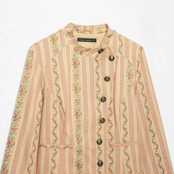 Damen Kurze Blousonjacke im Vintage‑Streifenmuster mit asymmetrischer Knopfleiste Echo Archiv