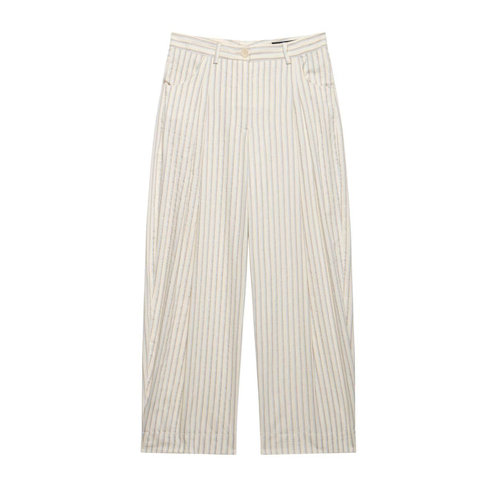 Damen Weite High‑Waist‑Hose aus leichter Baumwollmischung mit feinem Nadelstreifen und Bundfalten Echo Archiv