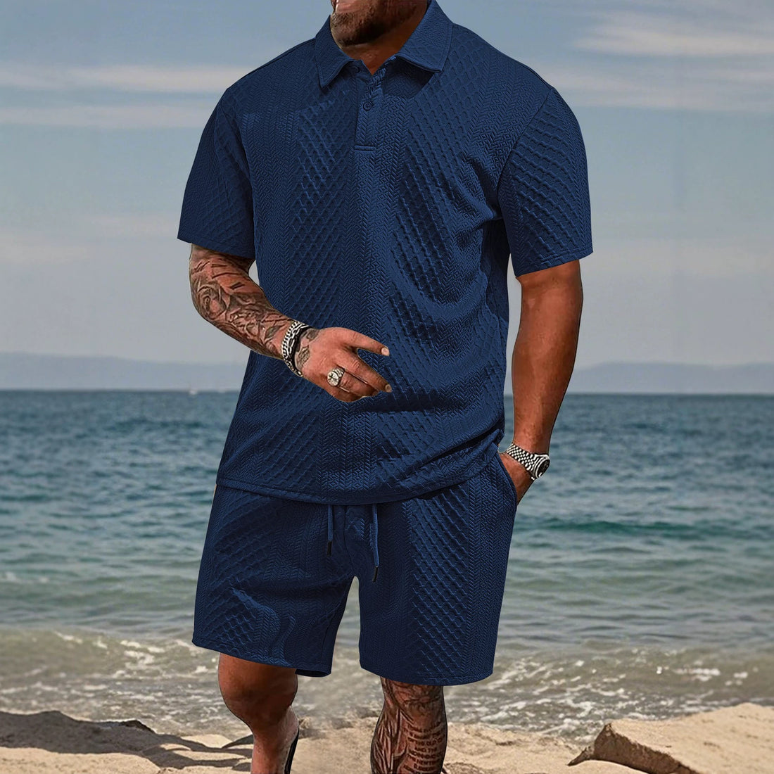 Herren texturiertes Jacquard-Poloshirt kurzärmelig schmaler Schnitt mit Polokragen – Cavello