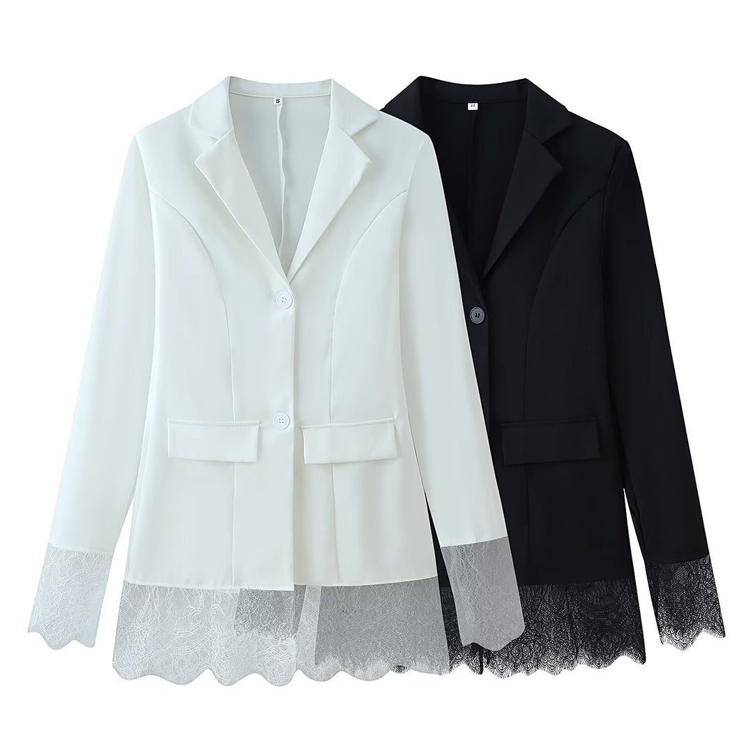 Damen Taillierter Einreihiger Blazer mit Spitzensaum und Spitzenmanschetten Echo Archiv