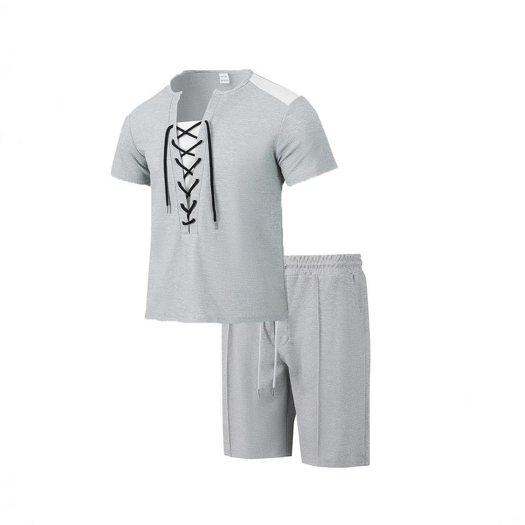 Herren Sportliches Freizeit-Set mit modernem Schnürkragen und Shorts Echoarchiv