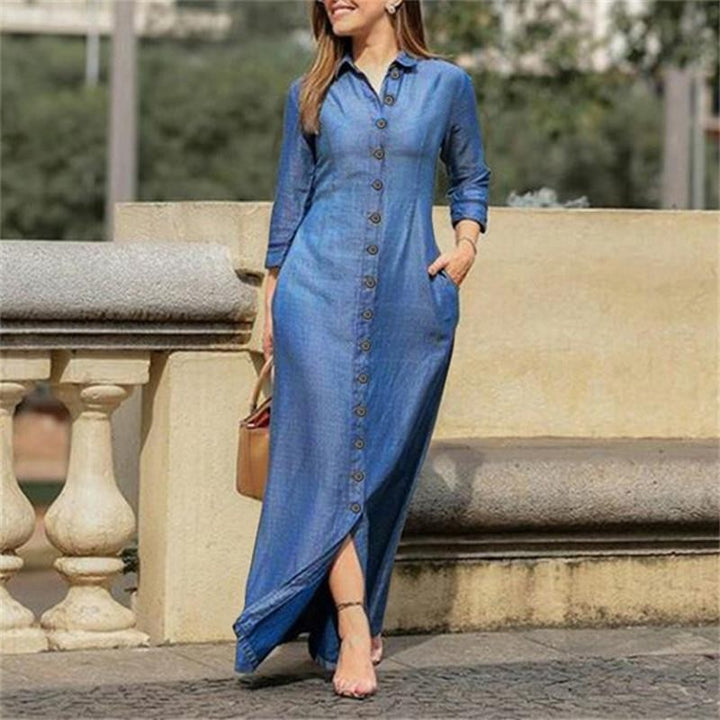 Damen Maxikleid Hemdblusenkleid mit durchgehender Knopfleiste, dreiviertelärmel und Seitentaschen – Avérine