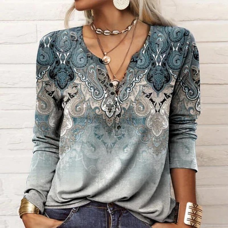 Damen Lockeres Langarm‑Henleyshirt mit V‑Ausschnitt, Knopfleiste und Ombre‑Print – Avérine