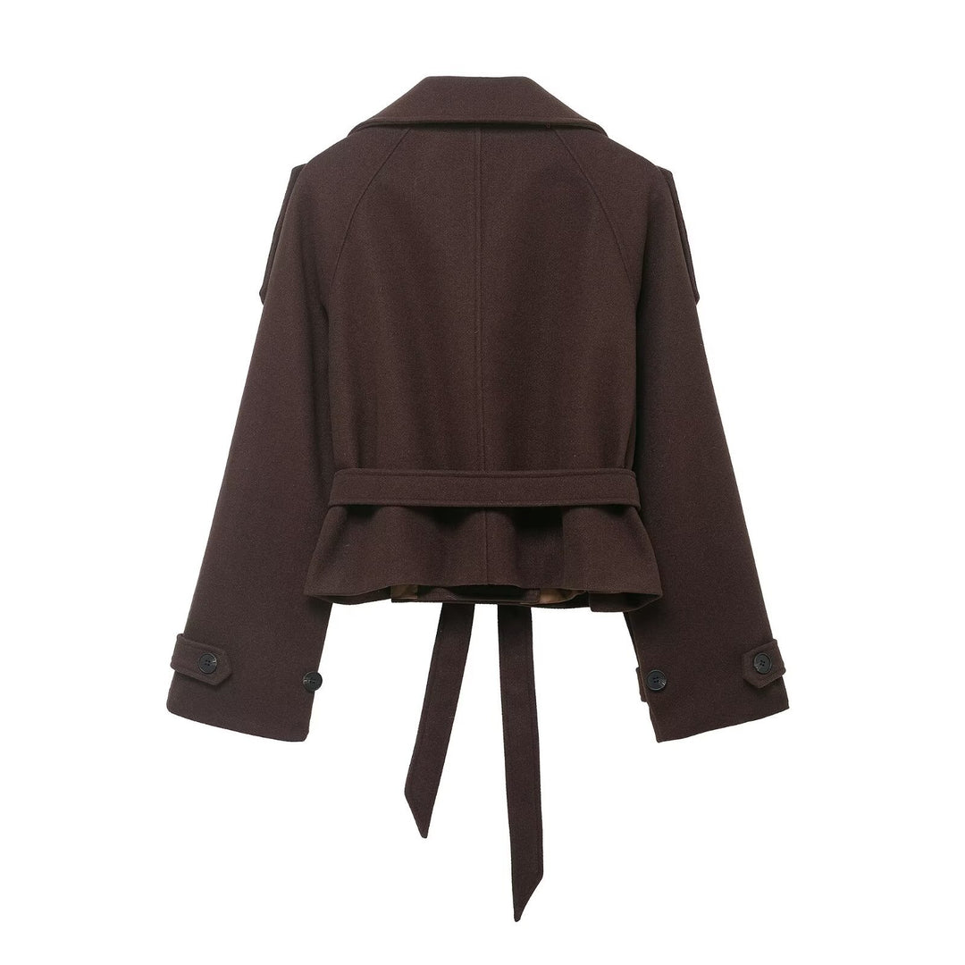 Damen Cropped Wollmix‑Kurzmantel mit hohem Stehkragen, Epauletten und Taillengürtel Echoarchiv