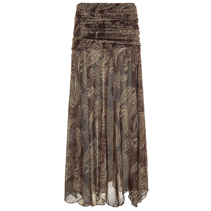 Damen Langer Chiffon-Rock mit gerafftem Bund, Paisley-Print und Zipfelsaum – Valéora