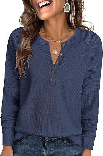 Damen Waffelstrick-Henley-Longsleeve mit Knopfleiste, Raglanärmeln und gerippten Bündchen Echo Archiv