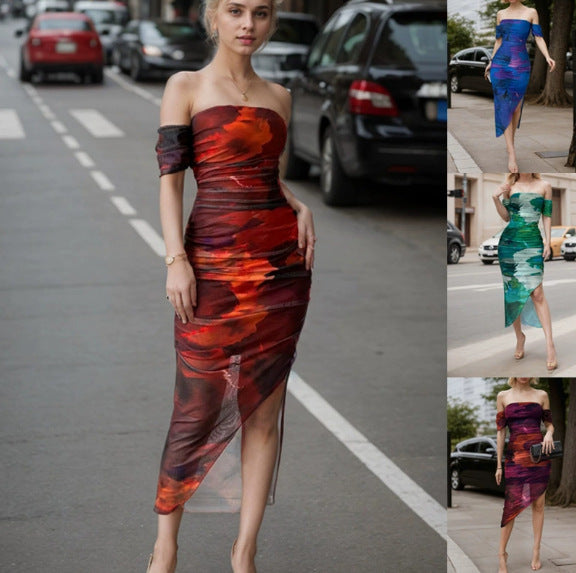 Damen Figurbetontes schulterfreies Maxikleid mit Raffung, Beinschlitz und Aquarell-Print Echo Archiv