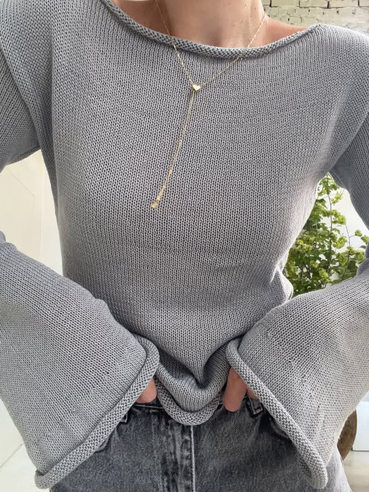 Damen Grobstrick-Pullover mit weitem U-Boot-Ausschnitt & extraweiten Trompetenärmeln Echoarchiv