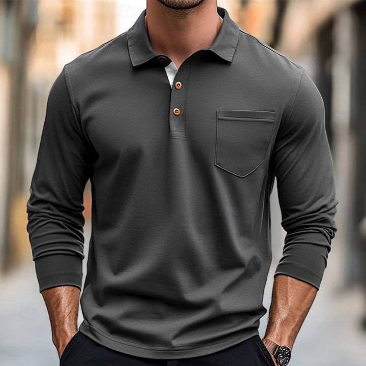 Herren modisches Langarm-Polohemd mit Knopfleiste und Brusttasche Echoarchiv